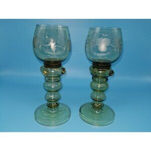 Set  of 2 Roemer Wine Glasses Engraved Leaves & Grapes w/Prunts 7.5" Olive Green